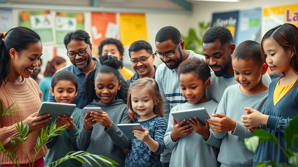 Diverse group of parents and children gathered at a community tech center, engaging with inclusive AI learning tablets, AI literacy, parental support elementary AI