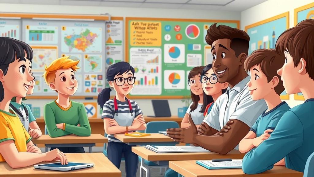 educational classroom scene, teacher explaining AI concepts to diverse young students, engaging classroom with digital displays and posters about artificial intelligence