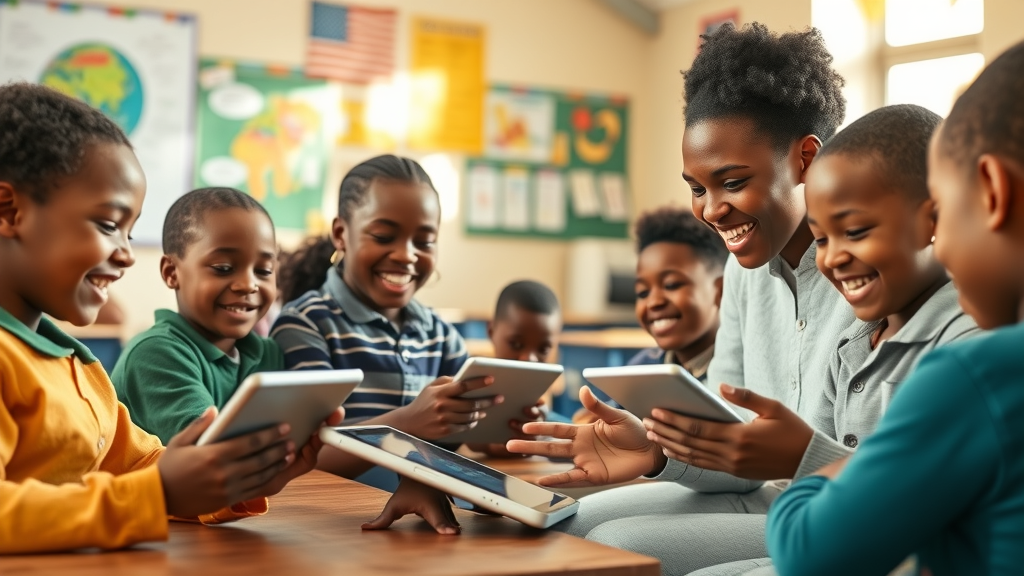 Digital education Africa in a vibrant classroom: Students using digital tablets and engaging with interactive educational apps guided by an enthusiastic teacher