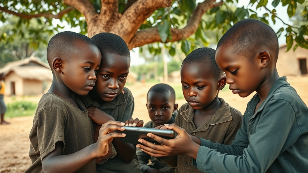African children using a single tablet for digital learning in rural Africa, representing resilience in digital education Africa
