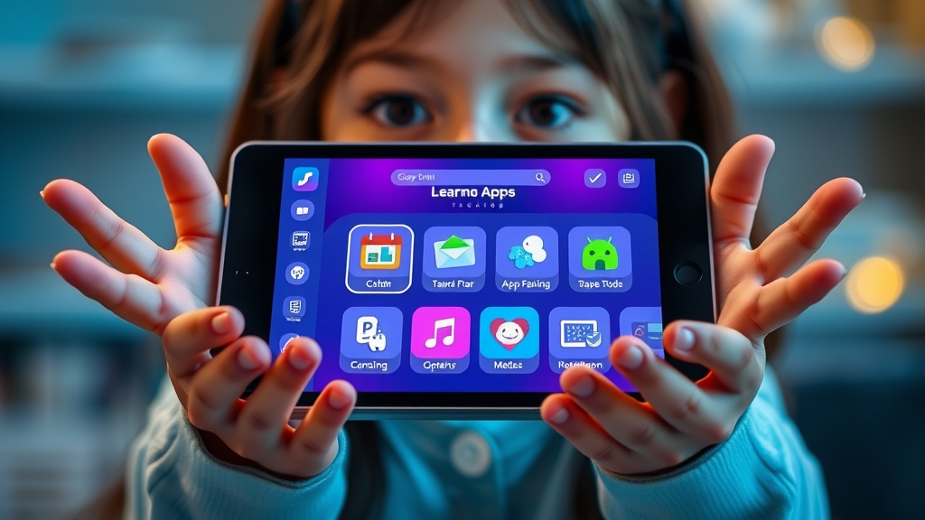 modern digital app interface, hands holding a tablet displaying a selection of AI learning apps for children, app features highlighted with engaging icons