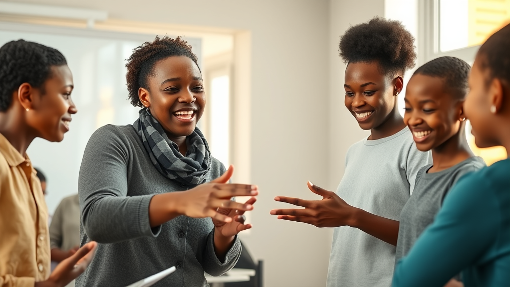 Hopeful African teacher and students collaborating on AI educational software