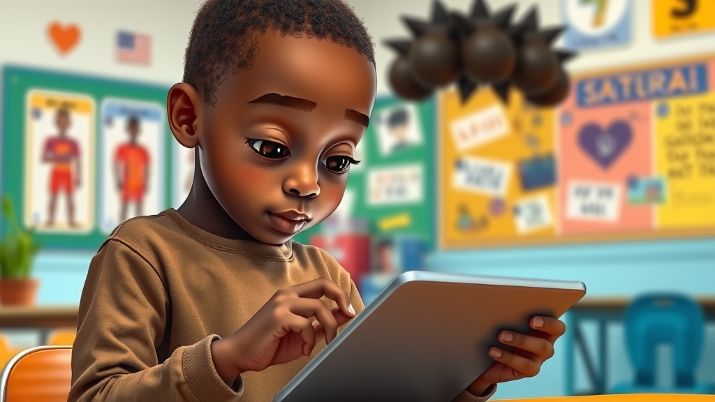 African child focused on adaptive learning AI platform in bright, colorful classroom