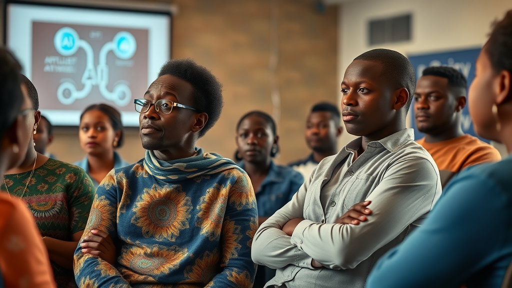 Thoughtful African parents attend a school meeting on AI technology