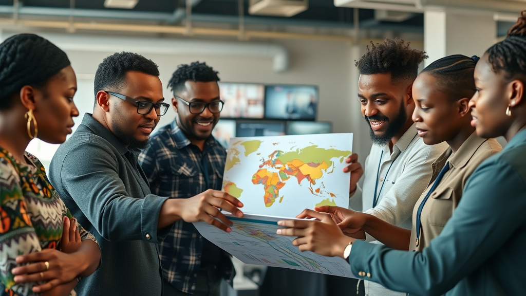 GPE KIX in African education experts universities NGOs tech startups strategizing, digital map, collaborative team, highly detailed, photorealistic