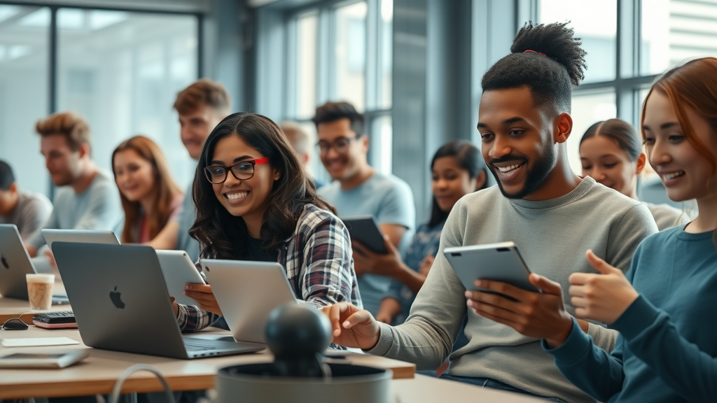 Engaged diverse students using laptops and tablets, excited expressions, interacting with AI-powered learning applications in a modern classroom