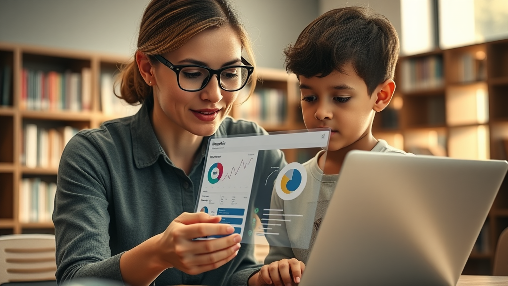 Creative teacher using an AI-powered laptop alongside a young elementary student, personalized learning dashboard, parental support elementary AI, school library