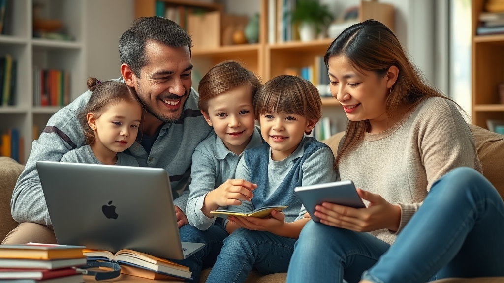 informative family, engaged expression, parents and two children gathered around a laptop discussing artificial intelligence, cozy home study environment with books and digital devices, warm interaction, soft natural light