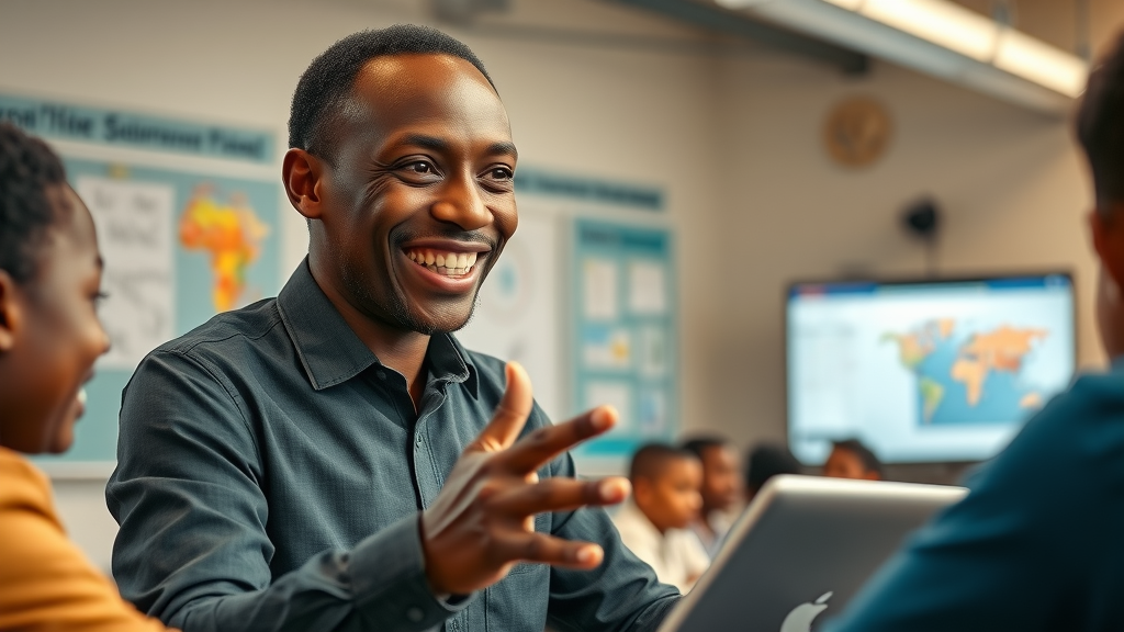 artificial intelligence in education systems, African teacher guiding students with AI smart board technology