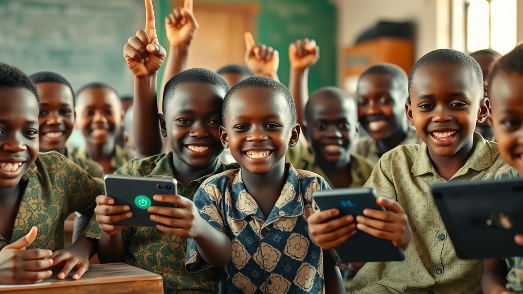Joyful Nigerian rural classroom with children actively engaged in AI-driven learning