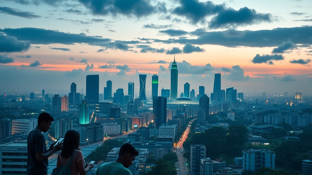 Modern Nairobi skyline illustrating digital education Africa, with youth using tablets to showcase the city