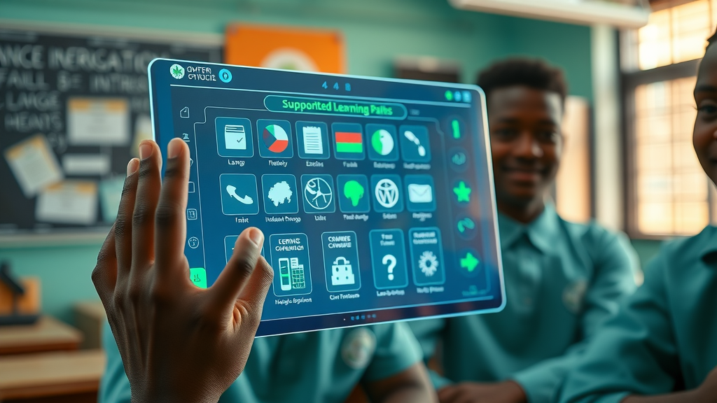 AI-powered personalized learning supports diverse African students, displaying individualized learning paths and multiple language options