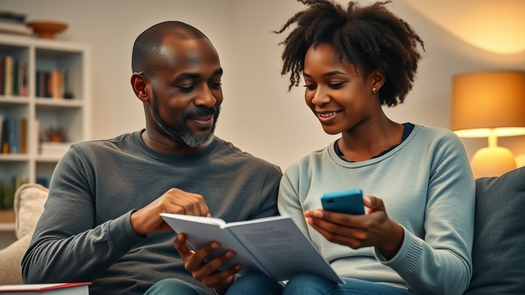 Supportive African parent and child discussing AI homework in a cozy living room