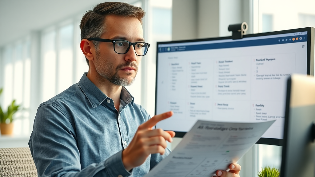 Sleek AI automated grading system analyzing student assignments and delivering feedback in a modern office setting