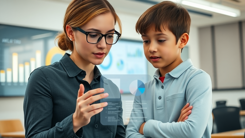 Cutting-edge AI assistant analyzing data and recommending educational content in a futuristic immersive digital classroom