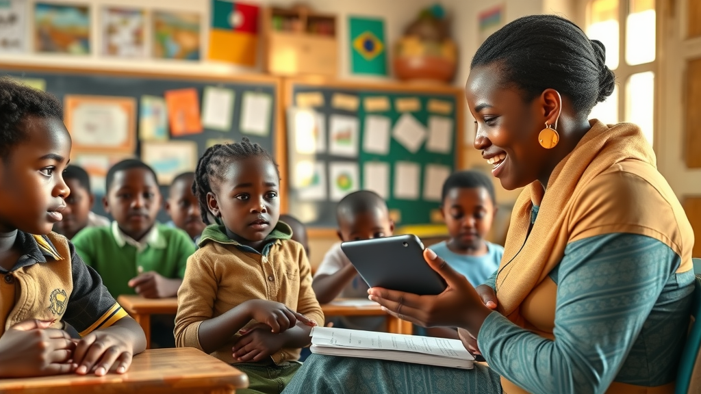 inspiring African elementary classroom with students and teacher using AI-powered tablet