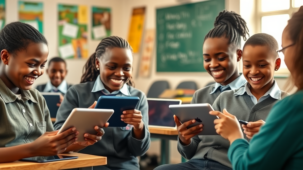 African students using tablets in classroom, elementary education technology Africa