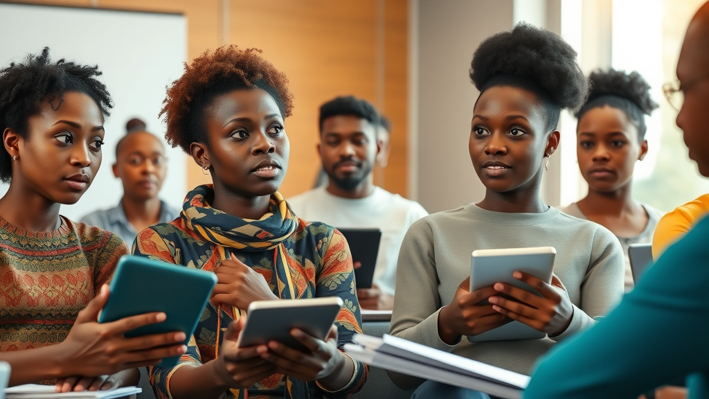 students and teachers in Africa attending digital skills workshop, engaging with AI tools for education