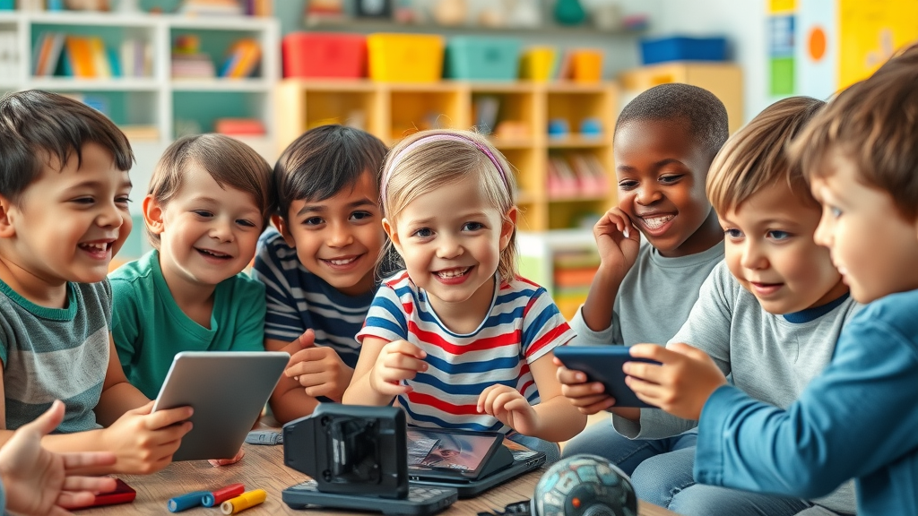 Children engaging in both hands-on activities and digital learning with AI, supporting children with AI