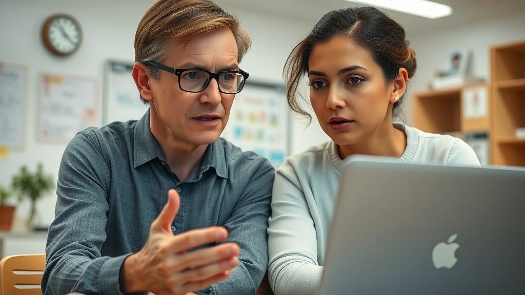 Teacher and parent discussing child safety with AI in a school office, supporting children with AI
