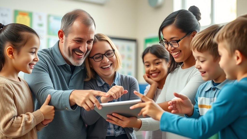Optimistic parents and elementary school children gathered around a tablet, smiling, interacting with educational AI software, parental support elementary AI, bright classroom background