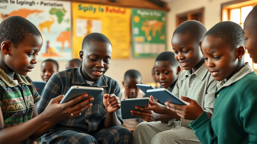 AI benefits for African students in rural classrooms, students using digital tablets for interactive learning