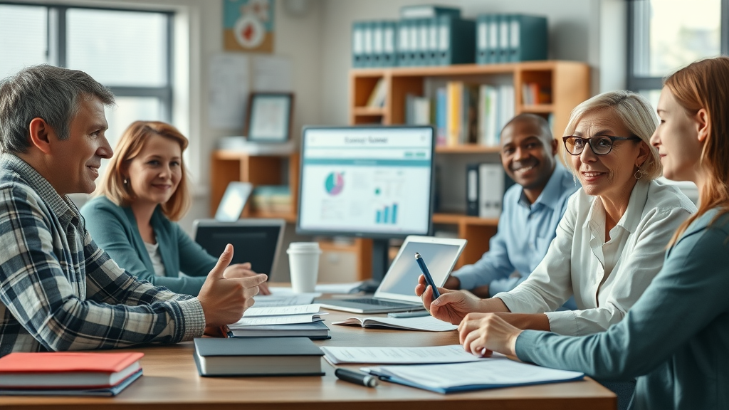 Parents supporting AI literacy in education - school meeting with digital displays
