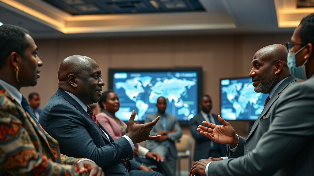 African policy makers discussing AI education strategies in conference setting, digital visualizations representing national AI efforts