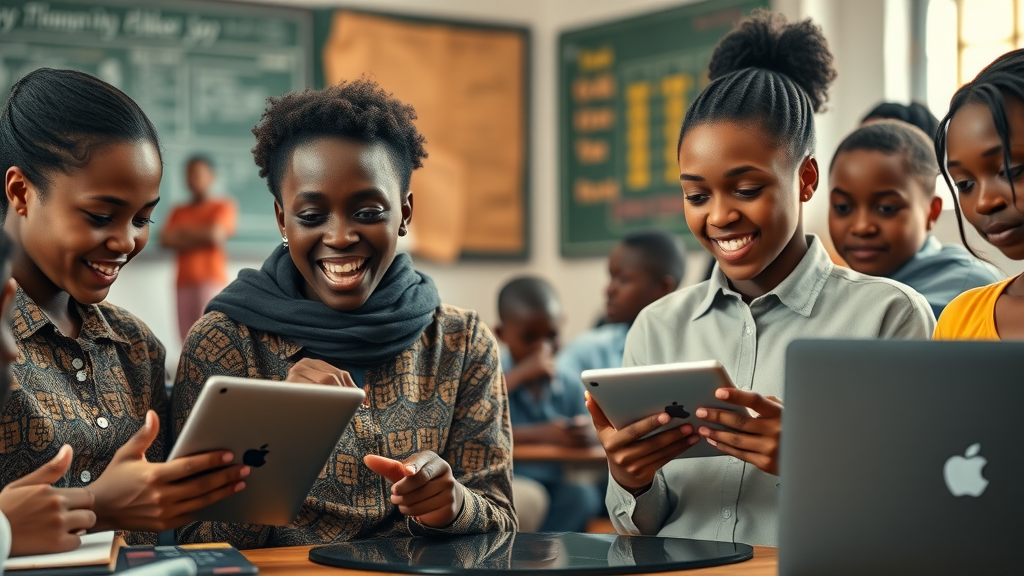 African students engaged with AI-powered educational tools in a modern classroom