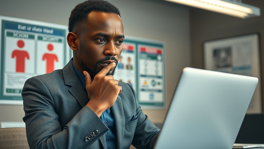 African school administrator reviewing data privacy concerns on a laptop
