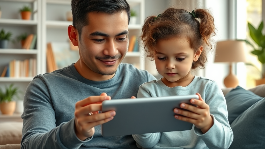 Parent and child reviewing educational AI apps together in a cozy living room, supporting children with AI