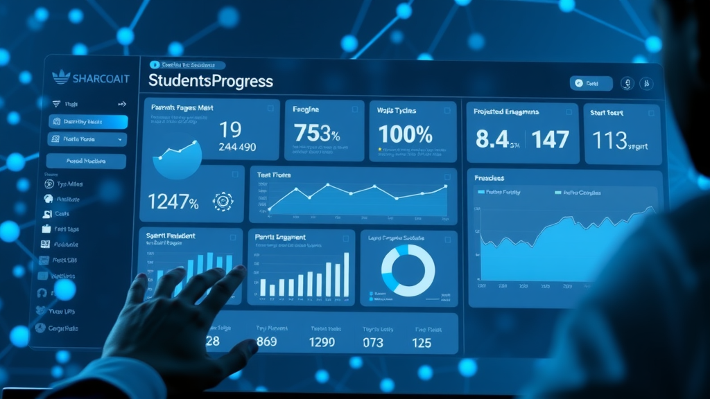 Modern digital dashboard interface displaying student progress data and parental engagement notifications, parental support elementary AI, AI technologies, highly detailed, blue tones