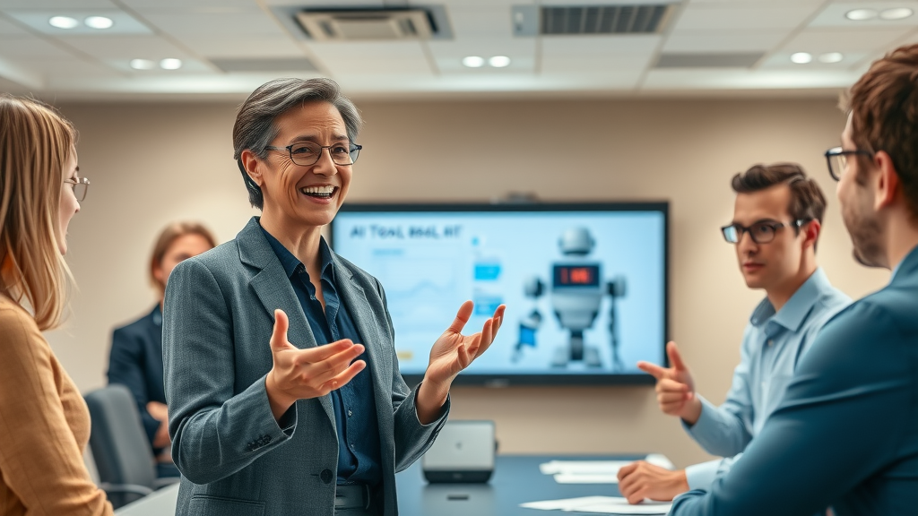 Thoughtful teacher balancing between students and AI interface, demonstrating technology and personal touch in the classroom
