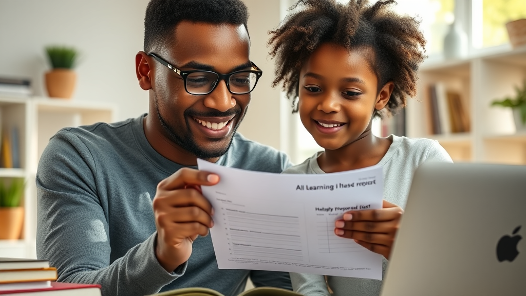 Encouraging African parent guiding child in reviewing AI learning progress report