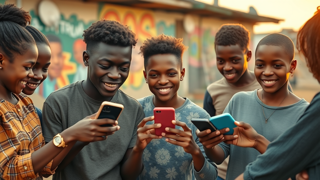 African youth participating in digital learning via smartphones, demonstrating the reach of mobile-first digital education Africa