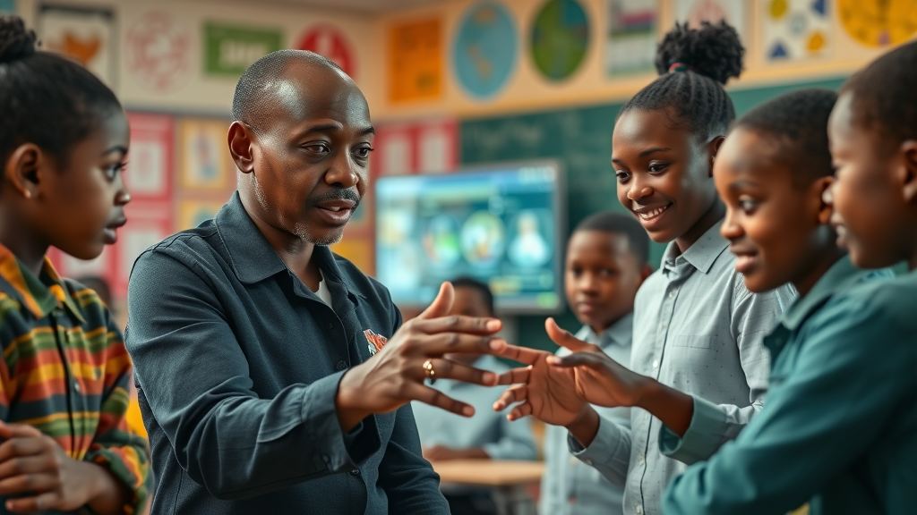 AI innovations in education Africa with AI-powered teacher and students at smart digital interface, vibrant, interactive classroom, photorealistic