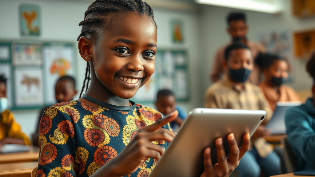 Young African girl using tablet in inclusive classroom, elementary education technology Africa