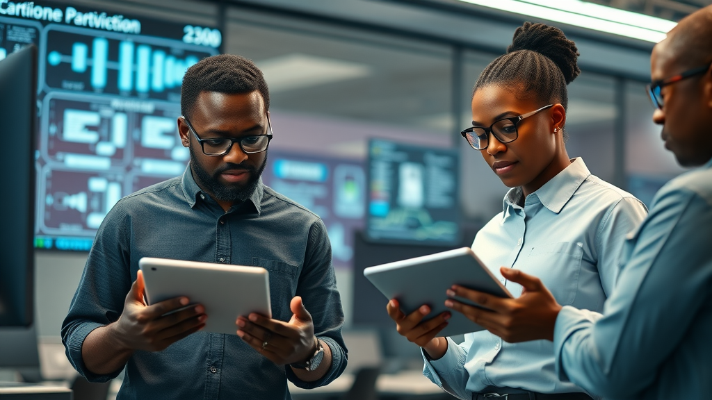 Responsible AI deployment in African education with team reviewing data security protocols, highly detailed, modern education technology lab, photorealistic