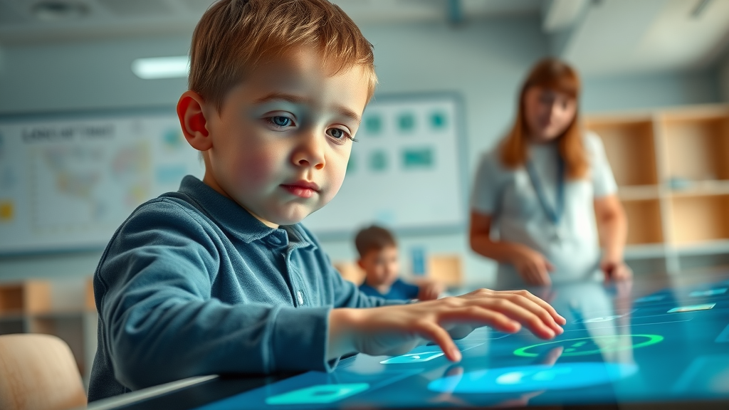 Child learning with an educational AI-powered game on a touchscreen table in a classroom, supporting children with AI