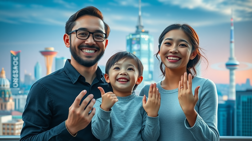 inspired family, optimistic expression, looking towards digital future skyline symbolizing AI and progress, futuristic cityscape with holographic elements