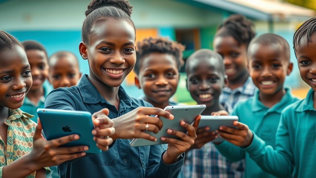 African tech volunteers distributing digital devices elementary education technology Africa