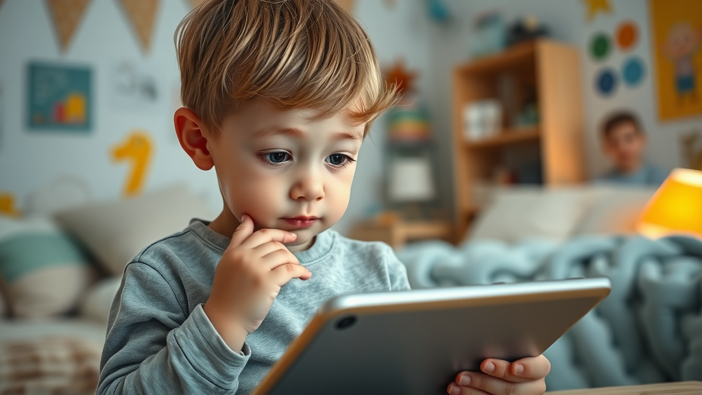 thoughtful young child, curious expression, interacts with AI learning app on a tablet, family room with playful educational decor, sense of wonder and discovery
