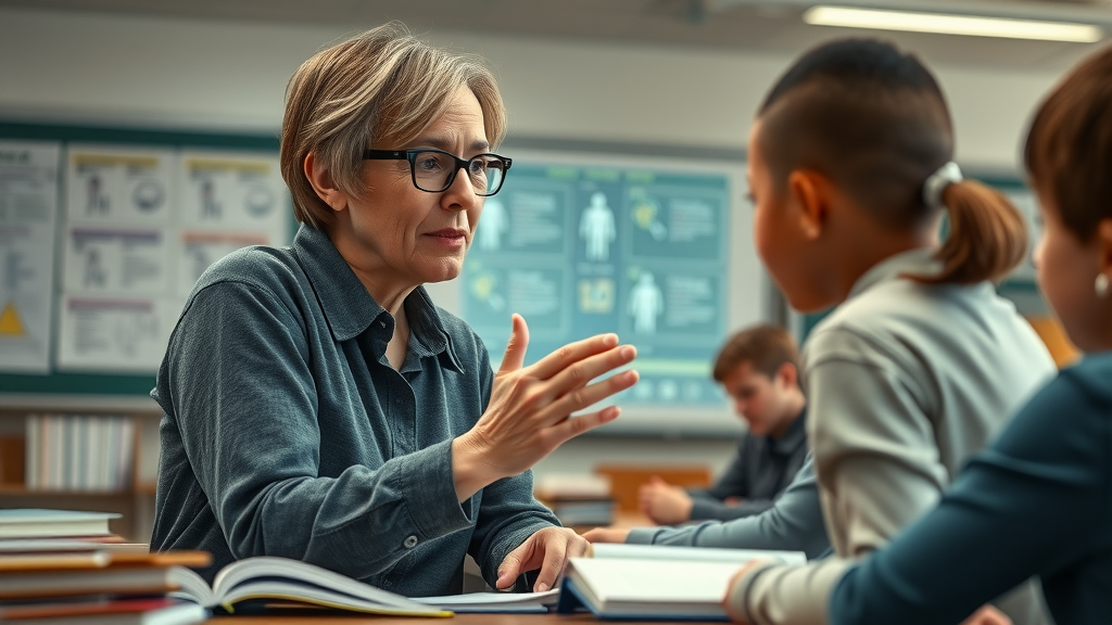 Happy students and teacher celebrating achievements with AI-powered learning tools in a modern classroom
