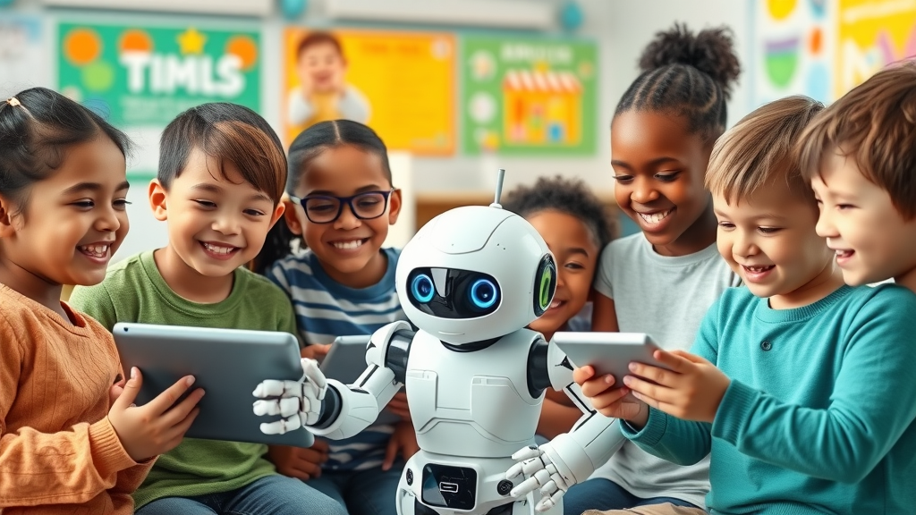 Diverse group of children interacting with a friendly robot and tablet devices in a colorful classroom, supporting children with AI