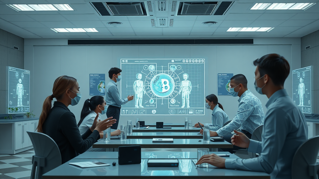 Futuristic classroom with students and teachers interacting with generative AI avatars and holographic learning modules