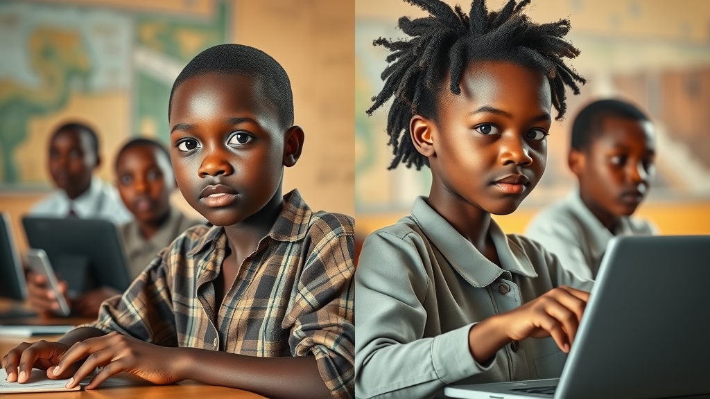 Digital divide in African education contrasting classrooms with computers versus outdated tools, urban rural technology gap, photorealistic