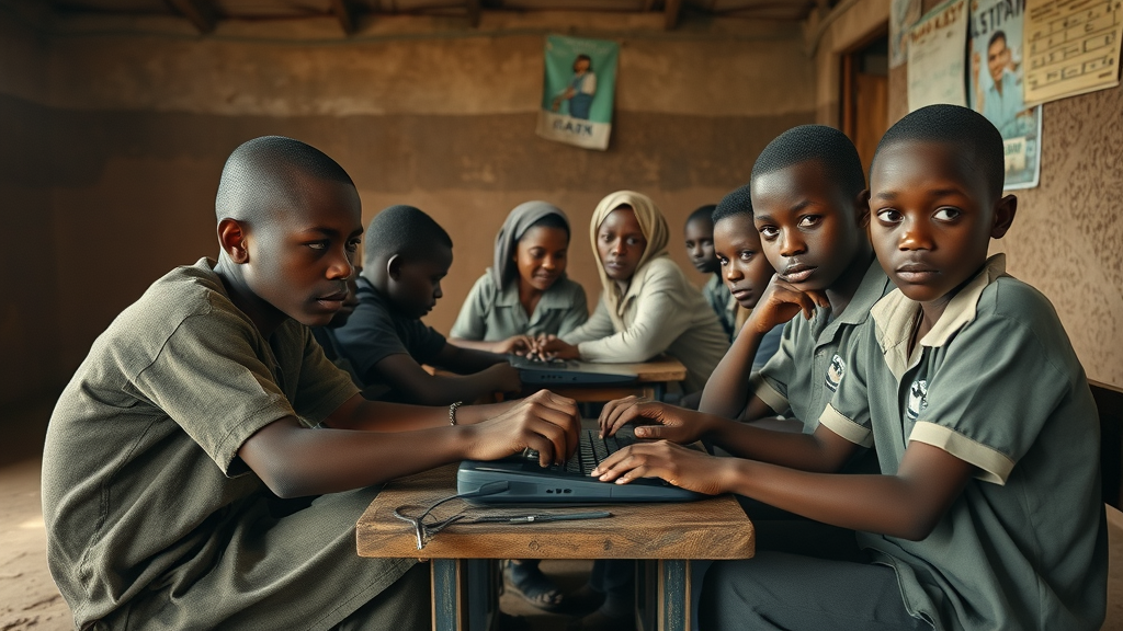Rural African students sharing a digital device in elementary education technology Africa