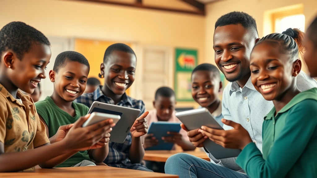 AI in education Africa inspiring African classroom students using digital tablets with supportive teacher in modern rural classroom, technology tools visible, bright natural lighting, photorealistic