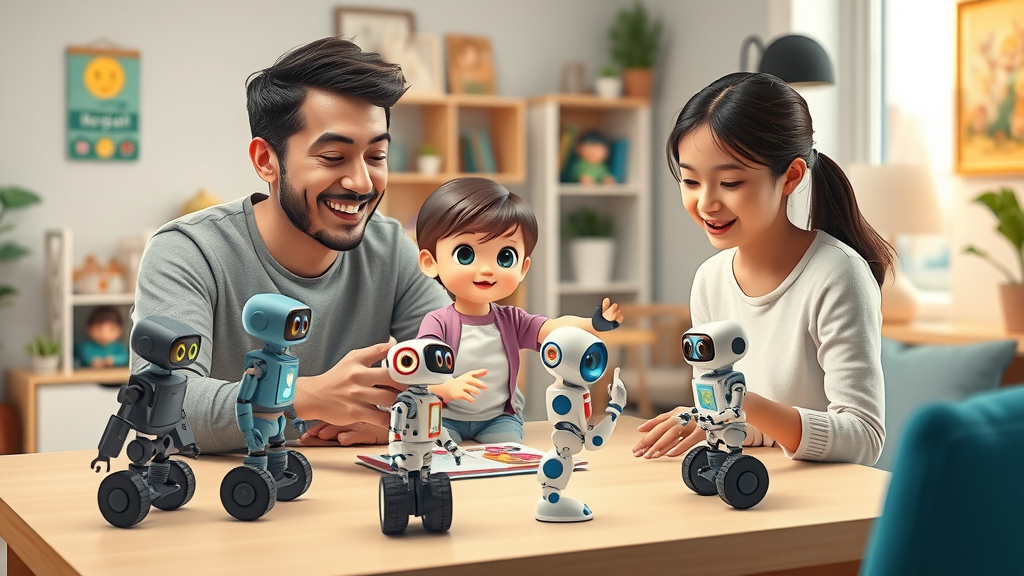 Engaged family—parent and two children—participating in an interactive AI workshop at home, AI literacy, parental support elementary AI, educational robots on table