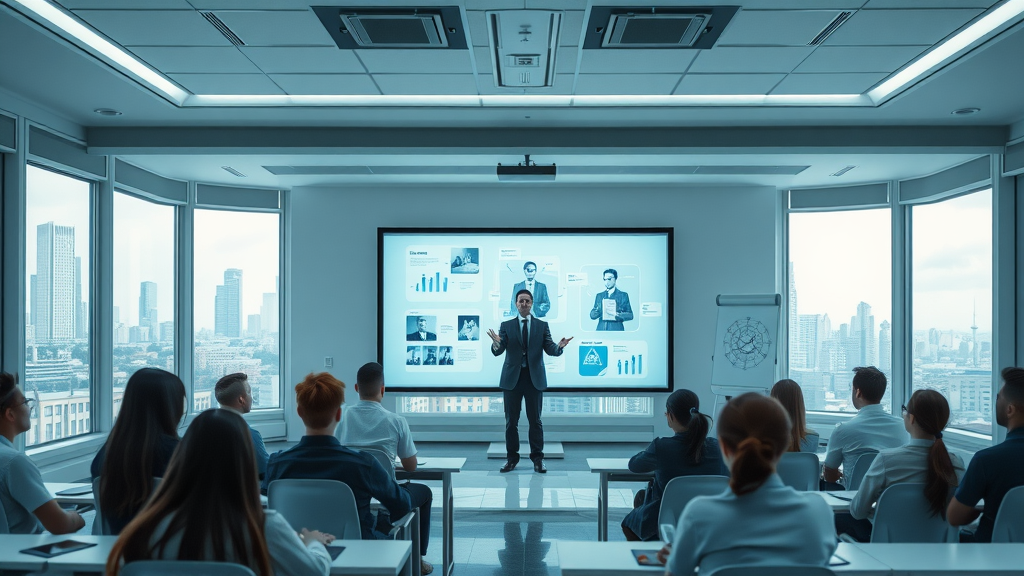 Futuristic classroom with AI holographic assistants helping a teacher present an interactive lesson, parental support elementary AI, generative AI, advanced classroom